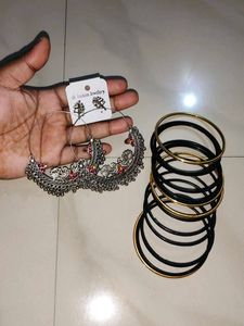 Oxidized Peacock Hoop Earrings &amp; Black Bangles🎉🎊