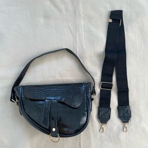 Dior Inspired glossy Black Leather Saddle Bag