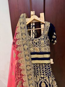 Navy Blue Peach Velvet Embroidered Lehenga Choli