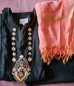 Embroidered Black Kurti Pant Set With Dupatta