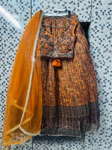 Mustard Heavy Crop Top With Skirt