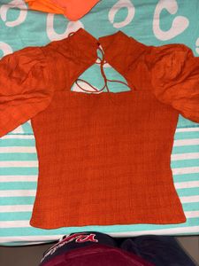 Orange Smocked Puff Sleeve Top