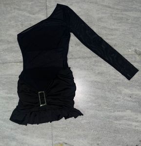 black baddie y2k mini belted one shoulder dress