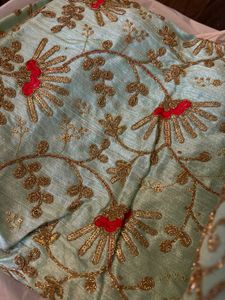 Seagreen Embroidered Silk Fabric