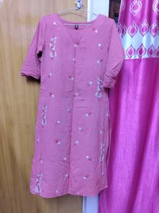 Red  Floral Embroidered Kurti Cotton