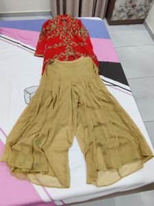 Red &amp; Gold Embroidered Kurta Plazzo Dupatta Set