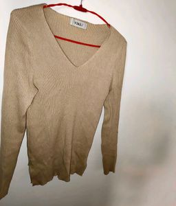 Beige V-Neck Long Sleeve Top