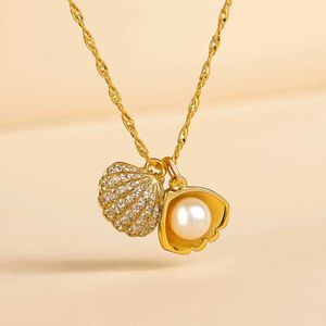 Gold Sea Shell Pearl Pendant Necklace