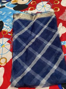 Blue & White Checkered Saree