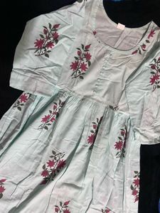 Blue Cotton Floral Dress With Plazzo
