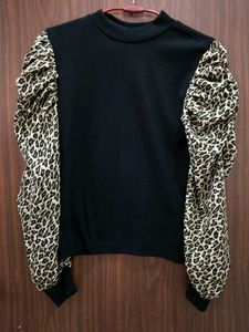 Black Top with Leopard Print Puff Sleeves