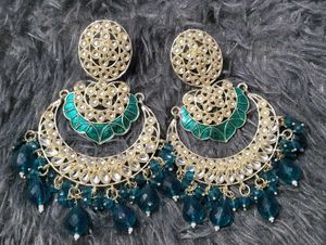 Teal Beaded Crescent Earrings