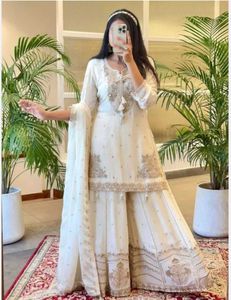 Elegant White & Gold Embroidered Gharara Suit