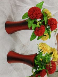 Red And Black Wooden Flower Pots With Flowers