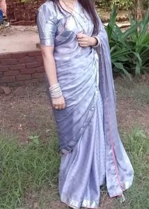 Beautiful Grey Saree With Stitched Blouse.
