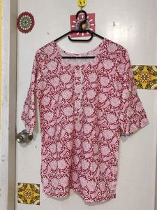Unused Beautiful Pink Floral Ethnic Short Cotton Kurti Top