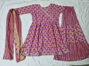 Floral Print Angrakha Style Dress with Tiered Pant