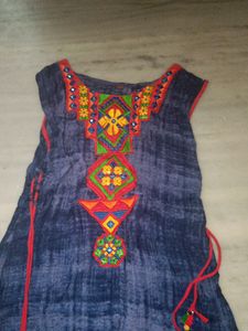 A-line Long Embroidered Kurta With Pompom Latkn