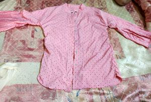 Cute Baby Pink Polka Dot Shirt with Pleated Sleeve