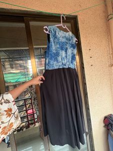 Denim &amp; Chiffon Fit &amp; Flare Dress