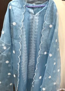 Elegant Blue Embroidered suit set organza dupatta