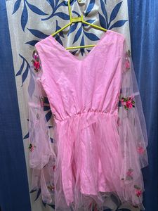 Pink Net Fabric Solid Full Sleeve V-Neck Top