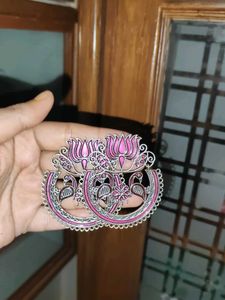 Pink Lotus & Peacock Earrings