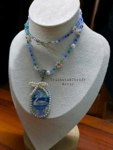 Enchanted Swan Lake Clay Pendant Beaded Necklace