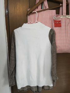 Sweater Vest with Plaid Sleeves