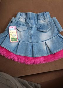 Denim Skirt with Pink Fur Trim