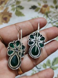 Green Stones Hook Earrings For Girls