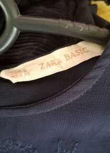 ZARA Navy Ruffle Trim Sheer Blouse