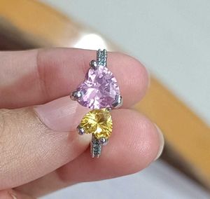 Real 925 Silver Pink &amp; Yellow Heart Ring