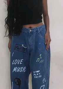 Vintage Blue Graffiti-Print Denim Jogger Jeans (Un