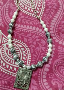 Pearl &amp; Silver Necklace With Grey Earrings