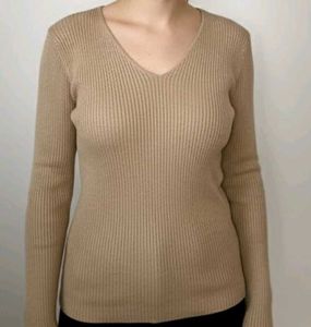 Beige V-Neck Long Sleeve Top