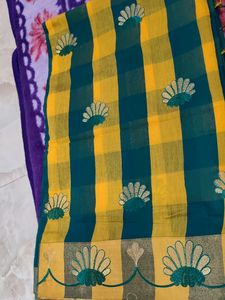 Yellow & Teal Checkered Saree