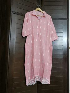Pink Embroidered Cotton Lace Collar Kurta Pant