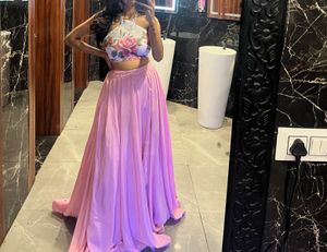 Floral Print Halter Neck  Blouse With Wide Lahenga