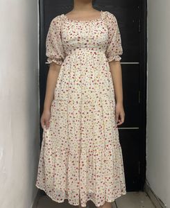White Floral Short Sleeve Long Dress