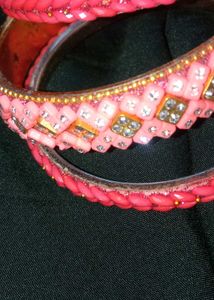 Pastel Pink And Tomato Red Mirror Bangle Set