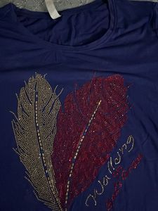 Navy Blue Feather Embellished Tee