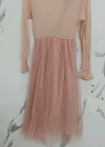 Korean-Pink Lace Midi Dress