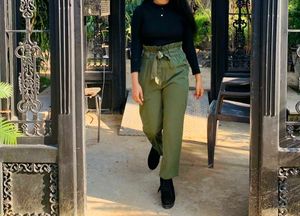 Olive Green Cigarette Trousers With Fabric Belt