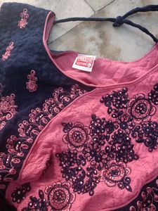 Readymade Pink And Navy Blue Anarkali Set with Pajama And Dupatta