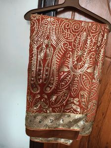 Heavy Chipwork Orange Saree With Blouse