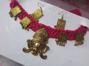 Pink Braided Durga Necklace Earring Set