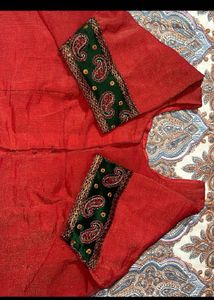 Rust &amp; Green Border Embroidered Saree