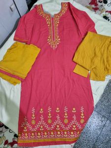 Pink & Yellow Kurta Set With Duppata