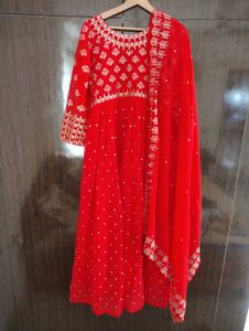 Red Embroidered Anarkali Suit
